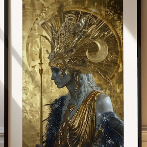 Luna Roman Moon Goddess Art Print - Celestial Divine Feminine Wall Art - Mythological Gold and Black Goddess Decor - Witch Aesthetic Decor