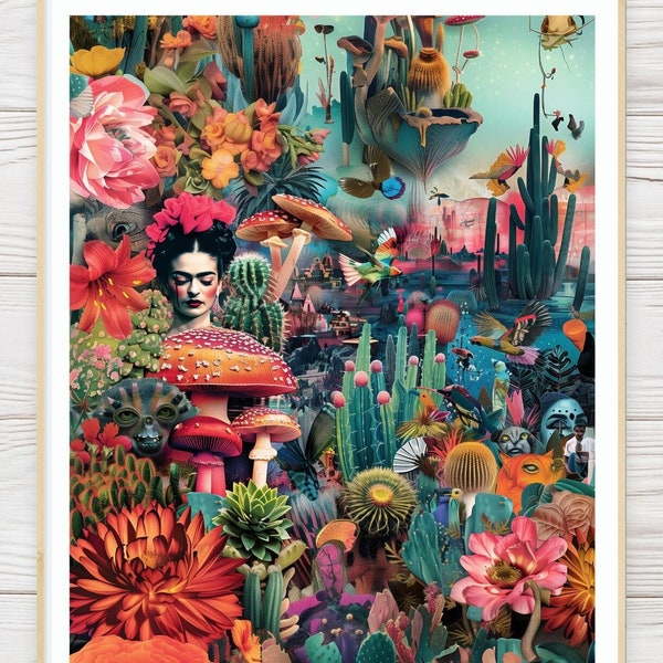 Magical Mexican Cactus Garden Art Print - Frida Kahlo Inspired - Folk Art Print - Cacti Southwestern Decor - Surreal Floral Collage Wall Art