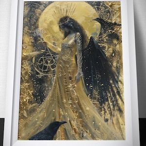 Morrigan Art Print - Celtic Goddess of War and Fate Wall Decor - Raven Queen Artwork - Wiccan Altar Decor - Irish Folklore Print