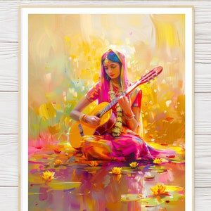 Portrait of Indian Goddess Saraswati Art Print, Goddess Playing Guitar Wall Art, Hindu Spiritual  Décor,  Devi Canvas Art Wall Décor