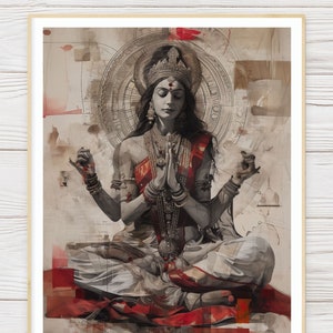 May include: A digital painting of a woman in a meditative pose, wearing a red and white sari and a crown. The background is a mix of red, brown, and white abstract shapes.