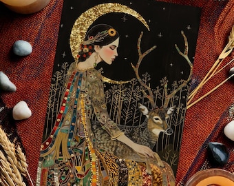 Greek Goddess Artemis Art Print - Celestial Deer and Moon Illustration - Greek Mythology Decor - Boho Mystical Art Print - Ethereal Gold Art