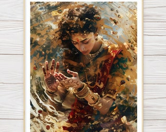 Woman In Sari Art Print,  Submerged Beauty in Traditional Indian Style Artwork, Mystical Woman with Henna Tattoos Wall Art