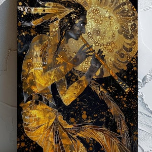 May include: A canvas print featuring a stylized illustration of a figure playing a flute. The artwork uses a palette of gold and black, with intricate details and patterns. The figure is adorned with feathers and a headdress, set against a golden sun.
