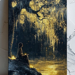 May include: Canvas art print depicting a serene scene. A figure sits near a body of water, beneath a tree with golden, glowing foliage. The artwork features a dark, moody color palette with highlights of gold and yellow, creating a mystical atmosphere.