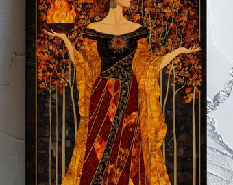 May include: A woman in a long, flowing dress with a gold and red pattern stands in a forest. She holds a bowl with a flame in her hand. The background is a dark forest with trees and leaves.