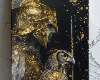Golden Athena and Owl Wall Art Print | Greek Goddess of Wisdom Wall Art | Ancient Greek Mythology Wall Decor | Athena and Owl Symbolism