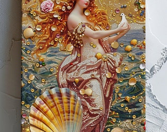 Venus Rising - Enchanted Goddess of Love Sea Shell Art Print - Roman Goddess Venus Collage Art Style Wall Art - Mythical Sea Art - Gold Art
