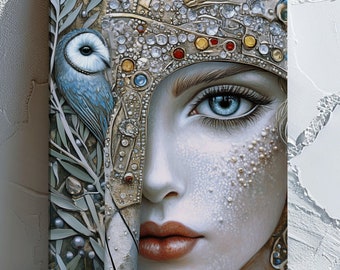Roman Goddess Minerva Art Print - Enchanted Owl Maiden - Mystical Fantasy Portrait Wall Art - Modern Mythology Artwork - Jeweled Art Style