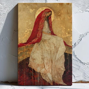 May include: A woman in a red hooded cloak with gold embroidery sits on a rock, her head bowed in contemplation. The background is a golden, ethereal landscape.
