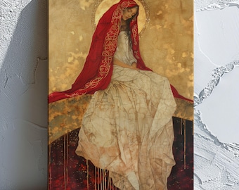 Oracle at Pythia Art Print, Mystical Ancient Greek Priestess with Red Veil and Golden Halo Artwork, Spiritual and Historical Wall Art