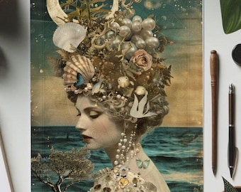 Greek Goddess Aphrodite Art Print - Mystical Oceanic Decor - Goddess of Love Wall Art - Surreal Mythological Art - Mythology Art