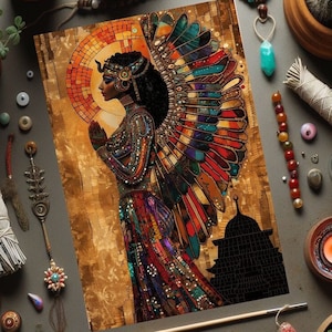 Winged Egyptian Goddess Hathor Wall Art Print, Vibrant Gold and Colorful, Ethnic Home Decor, Large Statement Piece, Cultural Portrait Art