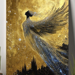 Resplendent Phoenix Rising Woman Art Print, Mystical Gold Abstract Painting, Spiritual Home Decor, Ethereal Woman Canvas Box Frame