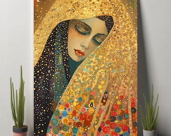 May include: A painting of a woman with long dark hair wearing a gold and colorful patterned veil. The woman's eyes are closed and she is looking down. The veil is made of many small circles and swirls.