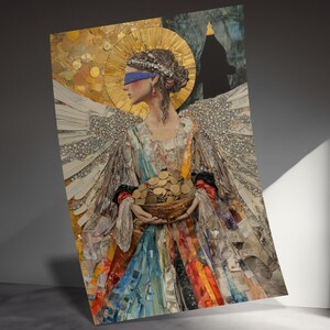 May include: A woman with wings, wearing a blindfold and a colorful dress, holds a bowl filled with gold coins. The background is a golden halo and a dark silhouette.