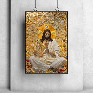 May include: A painting of a man with long brown hair and a beard, wearing a white robe, sitting in a meditative pose with his hands clasped in front of him. The background is a mosaic of gold, yellow, and red.