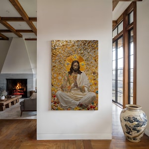 May include: A painting of Jesus Christ in a gold frame, surrounded by flowers and a halo. The painting is in a modern home setting.