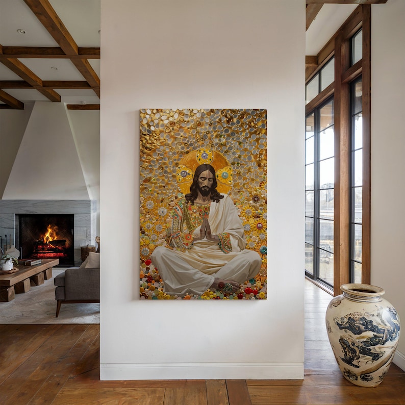 May include: A painting of Jesus Christ in a gold frame, surrounded by flowers and a halo. The painting is in a modern home setting.