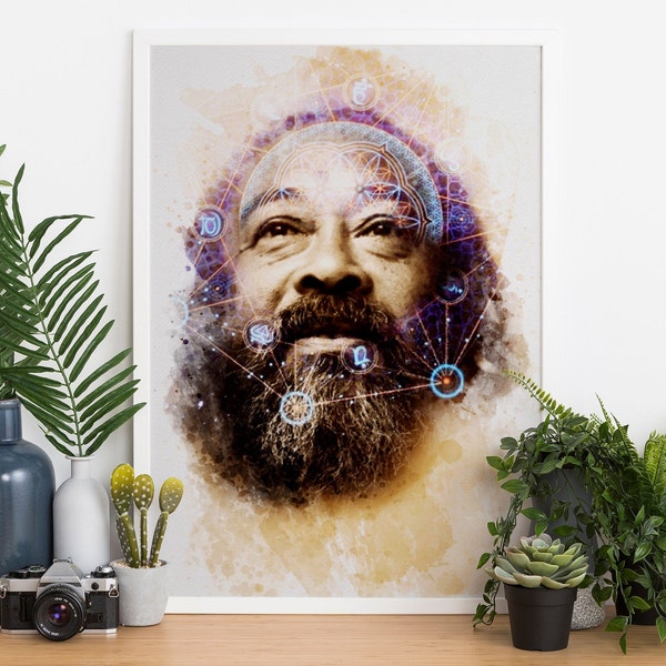 Mooji Fine Art Print Portrait / Mindful Wall Art / Spiritual Art Poster / Mooji Sacred Geometry Water Color Art Print / Spiritual Décor