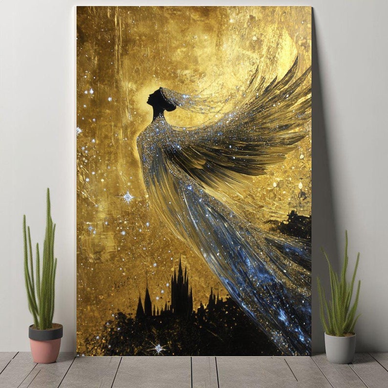 May include: A silhouette of a woman with wings against a gold background with glitter. The woman is wearing a crown and has her head tilted back. The background is a textured gold with a cityscape in the bottom corner.