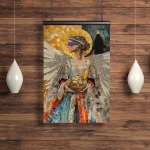 May include: A woman with a blindfold and angel wings holds a bowl of gold coins. The woman is wearing a colorful dress made of different fabrics. The background is a dark, abstract design.