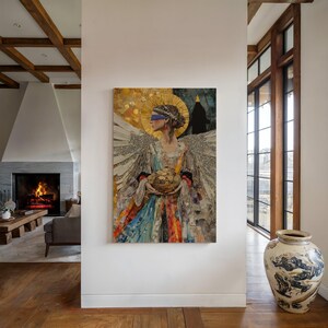 May include: A collage art print of a woman with wings, wearing a blindfold and holding a bowl of coins. The woman is surrounded by a golden halo and a dark background.