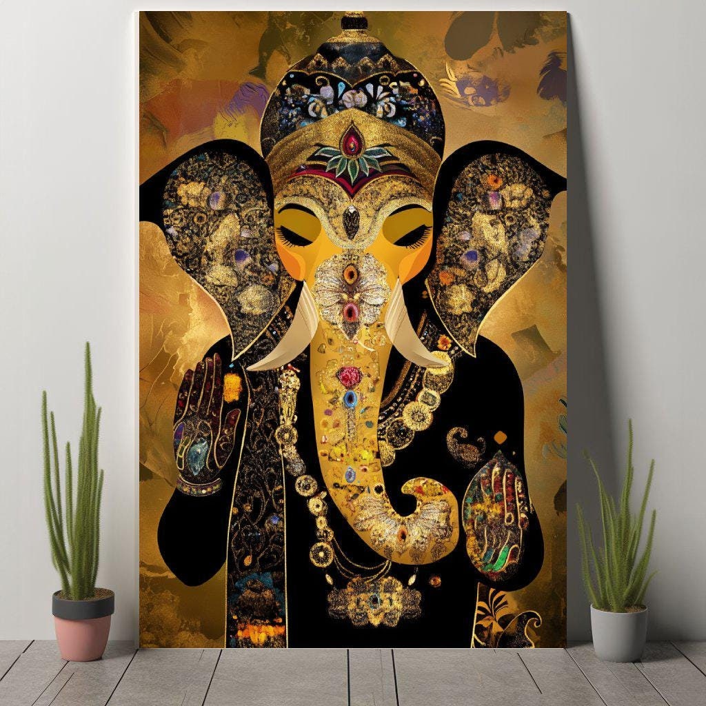 Lord Ganesha Art Print, Hindu Deity Gold & Jewel Tones, Spiritual Elephant God Canvas Frame, Spiritual Wall Art