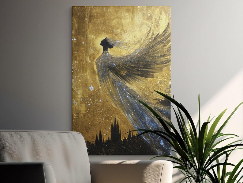 May include: A silhouette of a woman with wings against a gold background with a starry pattern. The woman is facing to the right and her wings are spread out. The background is a golden color with a starry pattern.
