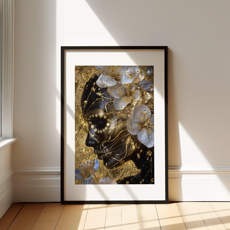 Gothic Sugar Skull Woman Art Print, Gold Patterns and Ethereal White