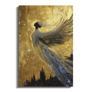 May include: A painting of a woman with wings, wearing a flowing gown, against a gold background with stars. The woman is silhouetted against the gold, and her wings are spread wide. The painting has a celestial and ethereal feel.
