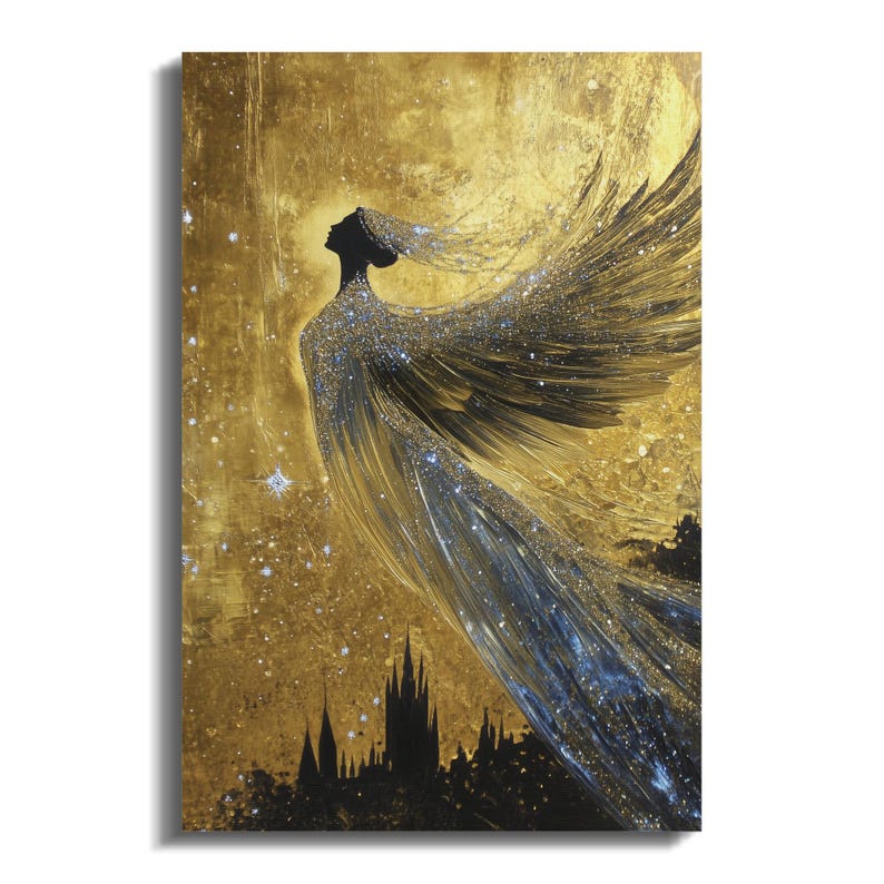 May include: A painting of a woman with wings, wearing a flowing gown, against a gold background with stars. The woman is silhouetted against the gold, and her wings are spread wide. The painting has a celestial and ethereal feel.