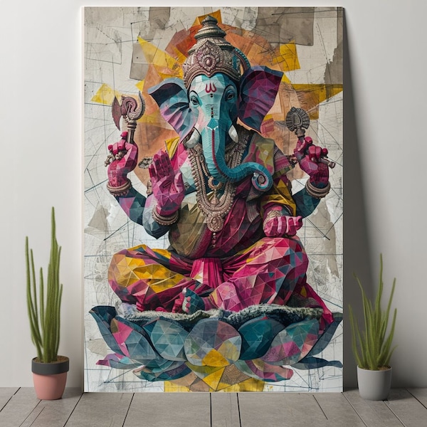 Geometric Ganesha Wall Art, Colorful Hindu Deity, Modern Spiritual Decor, Abstract Elephant God Canvas Print, Canvas Frame Option