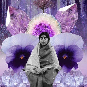 Meditating Mother Meera Collage Art Print, Feminine Art, Purple Divine Spiritual Poster, Surreal Vintage Style , Peaceful Woman Wall Art