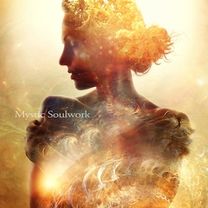 May include: A digital art image of a woman with a tree growing out of her head. The woman is embracing herself and the image is in shades of gold, brown, and white.