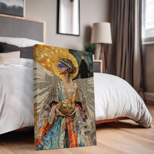 May include: A woman with a blindfold made of blue fabric and a halo of gold coins holds a bowl of gold coins. She is wearing a colorful dress with a pattern of gold, red, blue, and green. The background is a dark blue and black abstract design.
