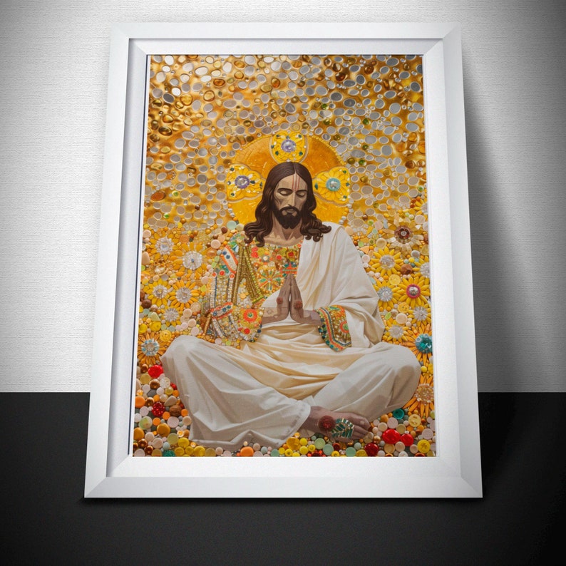 May include: A painting of Jesus Christ wearing a white robe, seated with his hands clasped in prayer. He is surrounded by a mosaic of colourful flowers and beads.