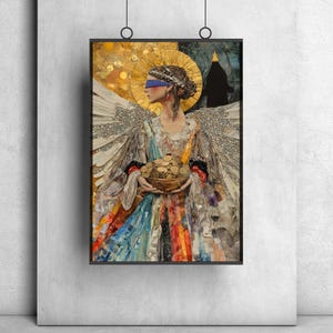 May include: A woman with a blindfold and wings holds a bowl of gold coins. She is wearing a colorful dress made of fabric scraps. The background is a gold and black abstract design.
