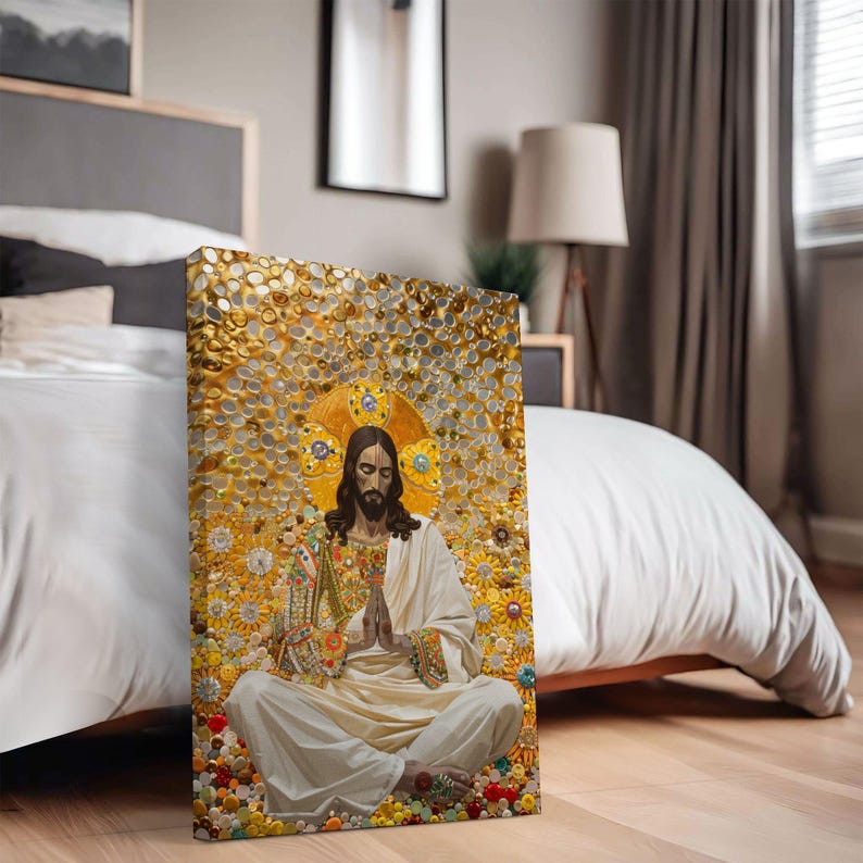 May include: A painting of Jesus Christ sitting in a meditative pose with his hands clasped in prayer. He is surrounded by a golden halo and a background of colourful mosaic tiles.