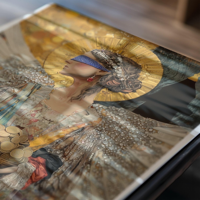 May include: A painting of a woman with a blindfold, wearing a crown and a gold necklace. She is holding a stack of gold coins in her hand. The painting is done in a style reminiscent of Renaissance art.