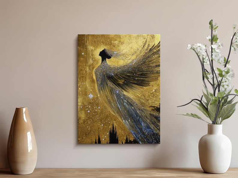 May include: Abstract painting of a woman with wings against a gold background with black and blue accents. The woman is silhouetted and has a flowing gown.