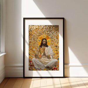 May include: A framed print of a painting depicting Jesus in a meditative pose, surrounded by a golden mosaic of flowers and geometric shapes.