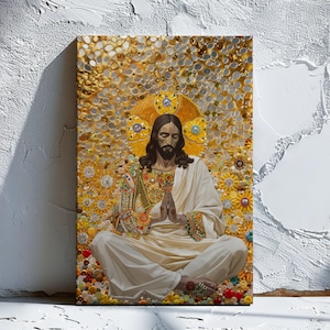 May include: A painting of Jesus in a white robe, sitting in a meditative pose with his hands clasped in prayer. The background is a mosaic of colourful buttons and beads.
