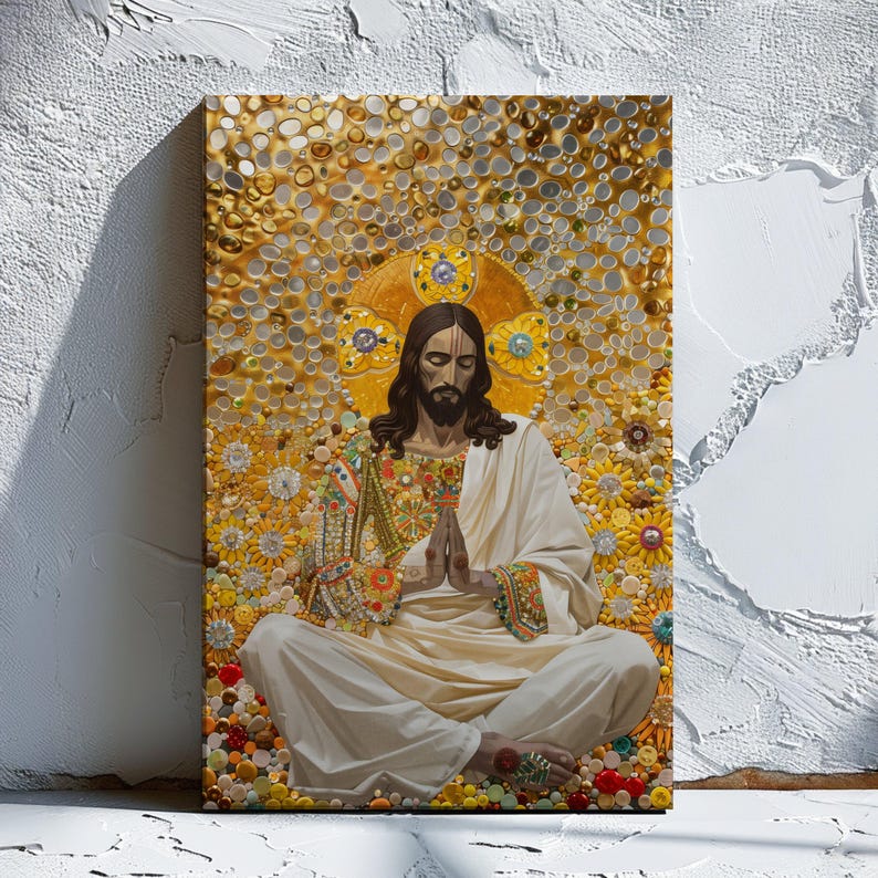 May include: A painting of Jesus in a white robe, sitting in a meditative pose with his hands clasped in prayer. The background is a mosaic of colourful buttons and beads.
