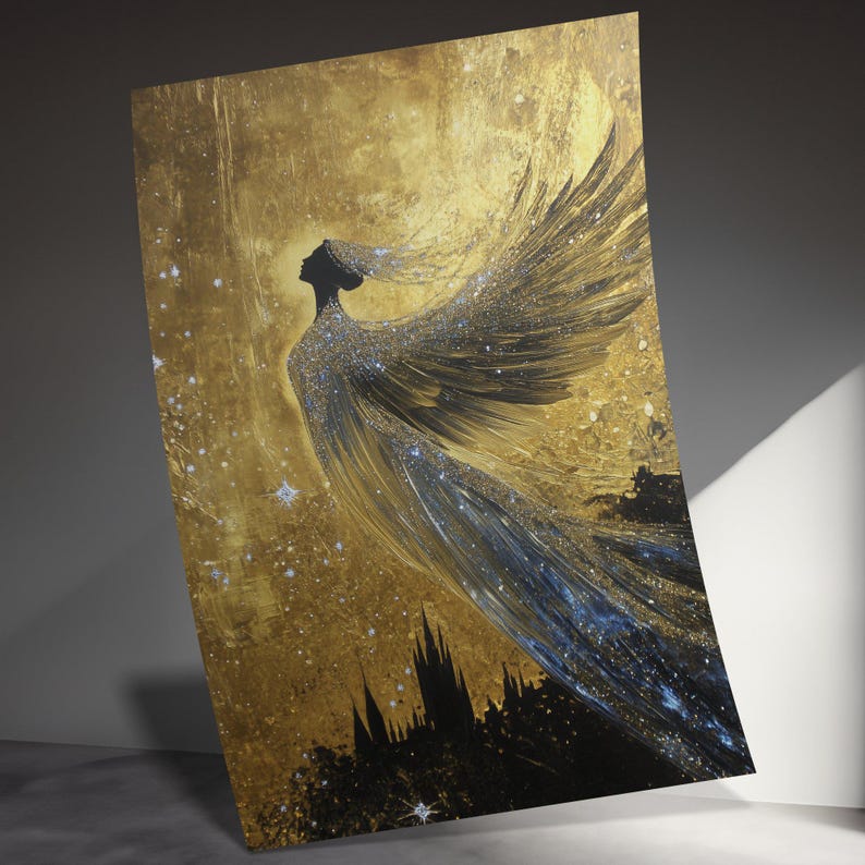 May include: A black silhouette of a figure with wings, wearing a flowing gown, against a gold background with glitter and stars. The figure is looking up towards the sky.