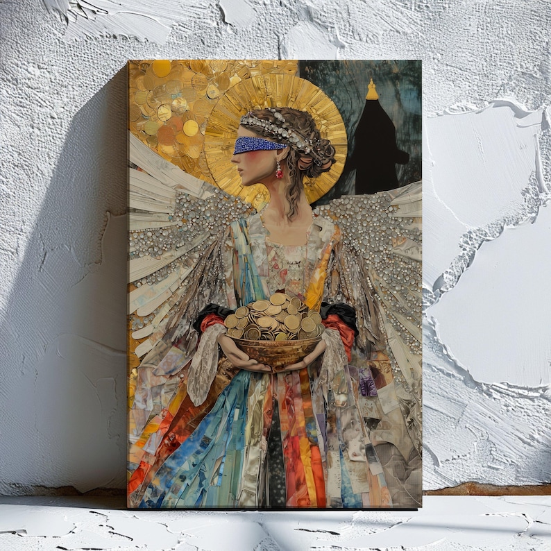 May include: A woman with a blindfold and angel wings holds a bowl of gold coins. The woman is wearing a colorful dress made of fabric scraps. The background is a collage of gold circles and a dark silhouette.