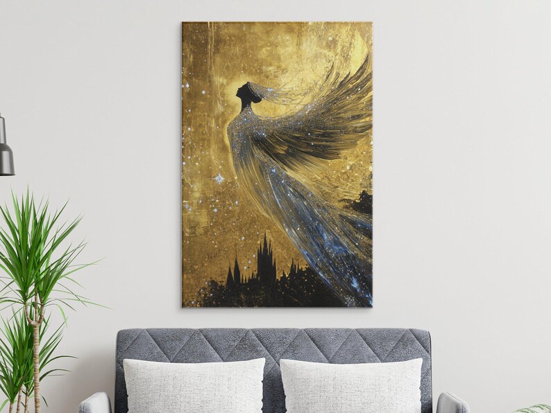 May include: A silhouette of a woman with wings against a gold background with a starry sky. The woman is wearing a flowing gown with a blue and silver design. The background is a gold and black abstract design.