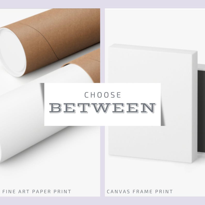May include: Choose between a fine art paper print or a canvas frame print. The paper print is rolled up in a brown tube, while the canvas print is framed and ready to hang.