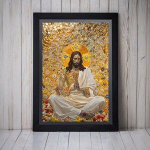 May include: A framed print of a painting depicting Jesus in a meditative pose, surrounded by a mosaic of colourful, round objects. The background is a golden yellow colour.