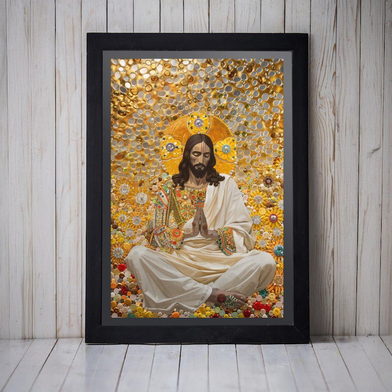 May include: A framed print of a painting depicting Jesus in a meditative pose, surrounded by a mosaic of colourful, round objects. The background is a golden yellow colour.